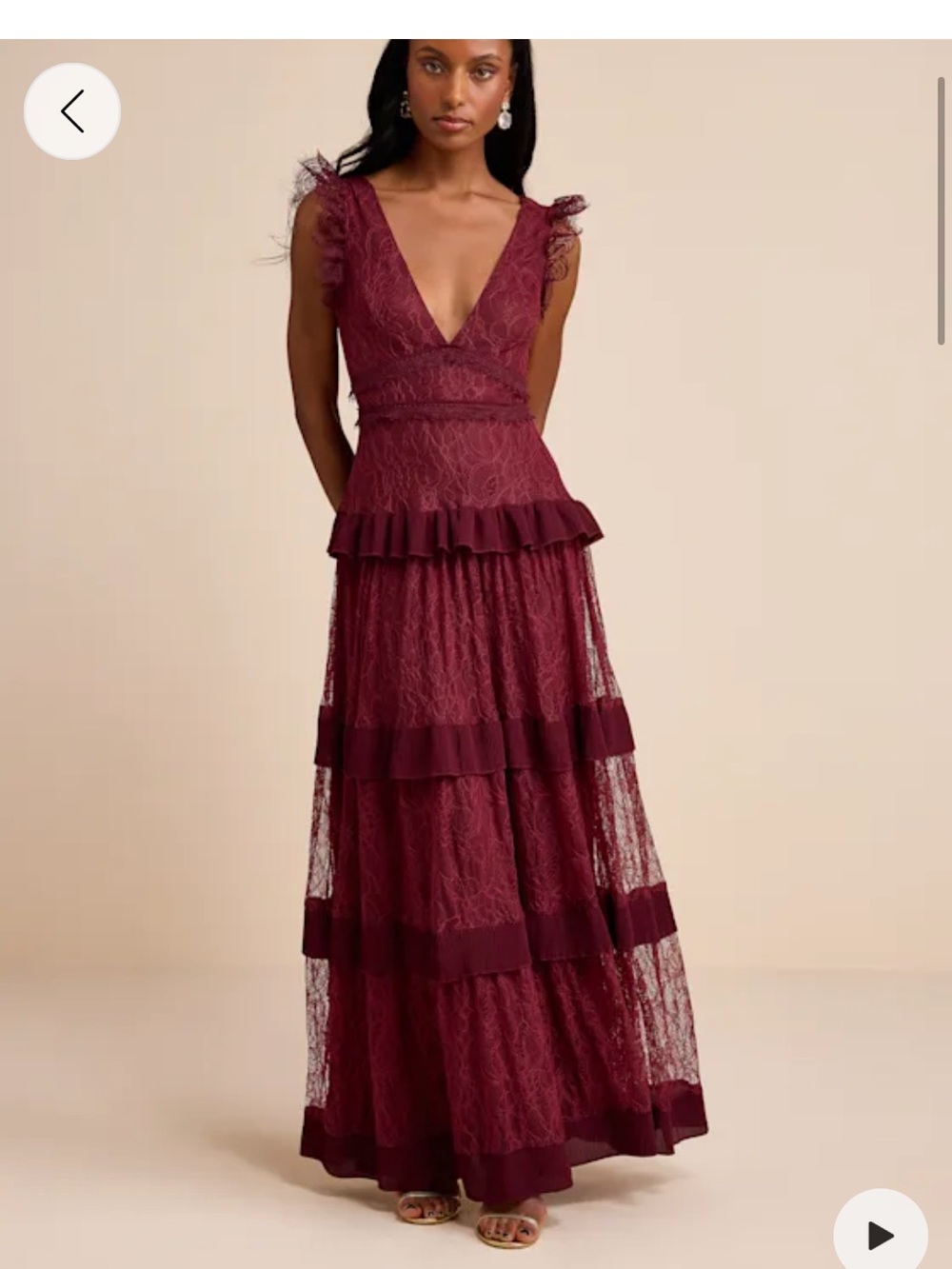 Lulu’s Women's Burgundy Lace Maxi Dress with Ruffle Tiers
